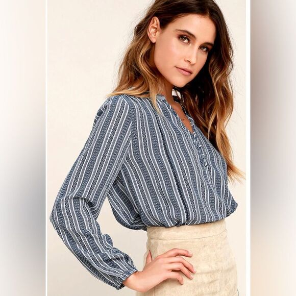 Lulus Sandy Shore Navy Blue Print Long Sleeve Top - Picture 2 of 11